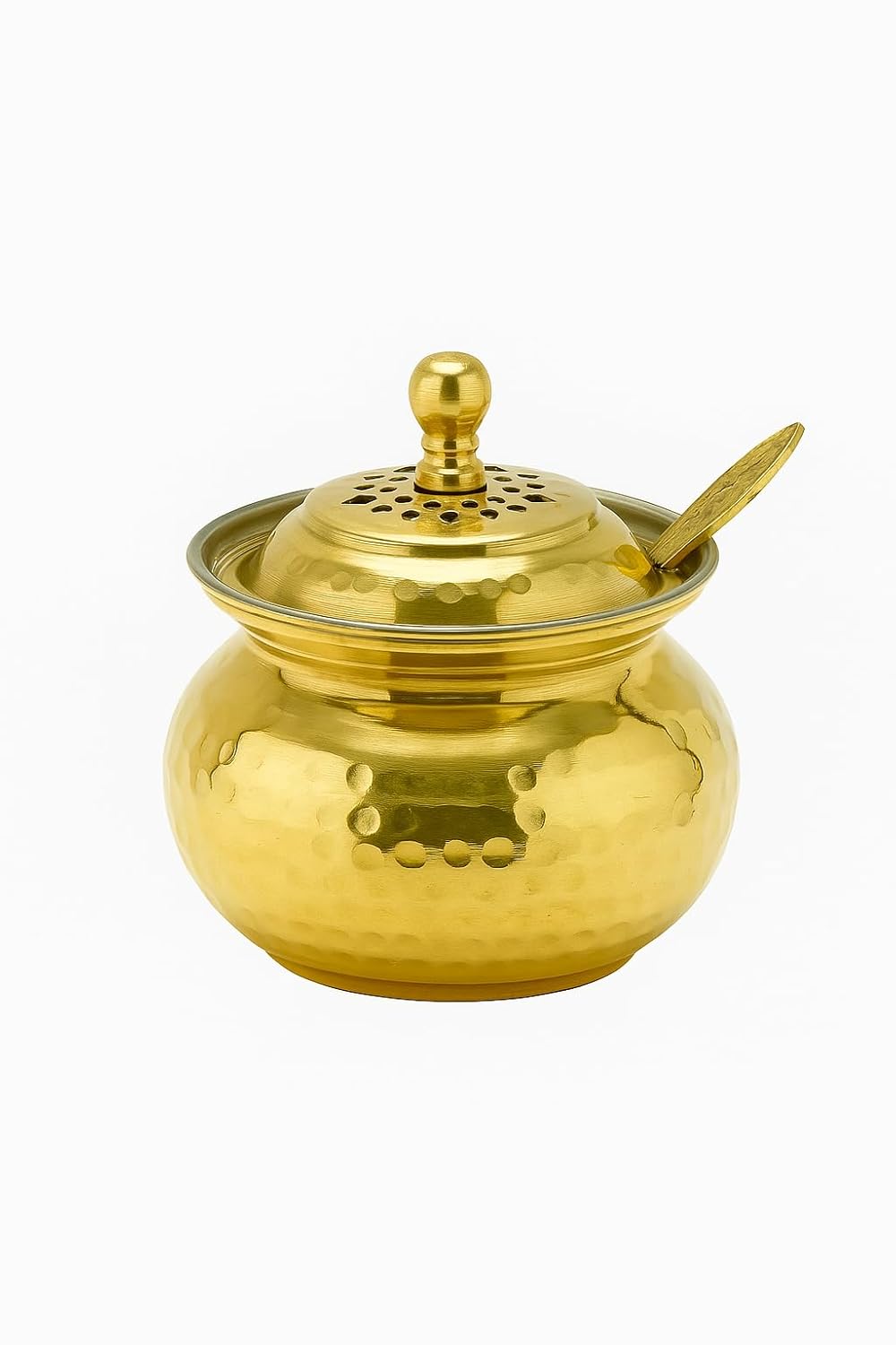 Brass Ghee Pot with Spoon, 250 ml Storage Jar with Perforated Lid, Hammered Design