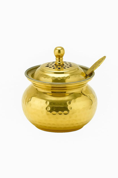Brass Ghee Pot with Spoon, 250 ml Storage Jar with Perforated Lid, Hammered Design