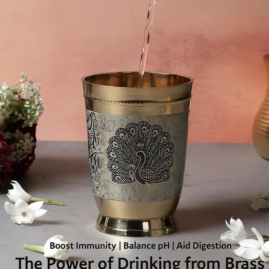 Pure Brass Water Glass Set with Peacock Moor Engraved Design – Handcrafted Traditional Lassi Decorative Drinkware – Ayurvedic Metal Tumbler for Daily Use – Gold Finish, 250 ML