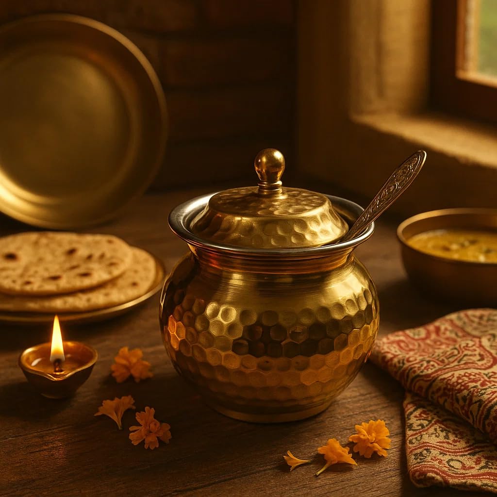 Brass Ghee Pot with Spoon, 250 ml Storage Jar with Perforated Lid, Hammered Design