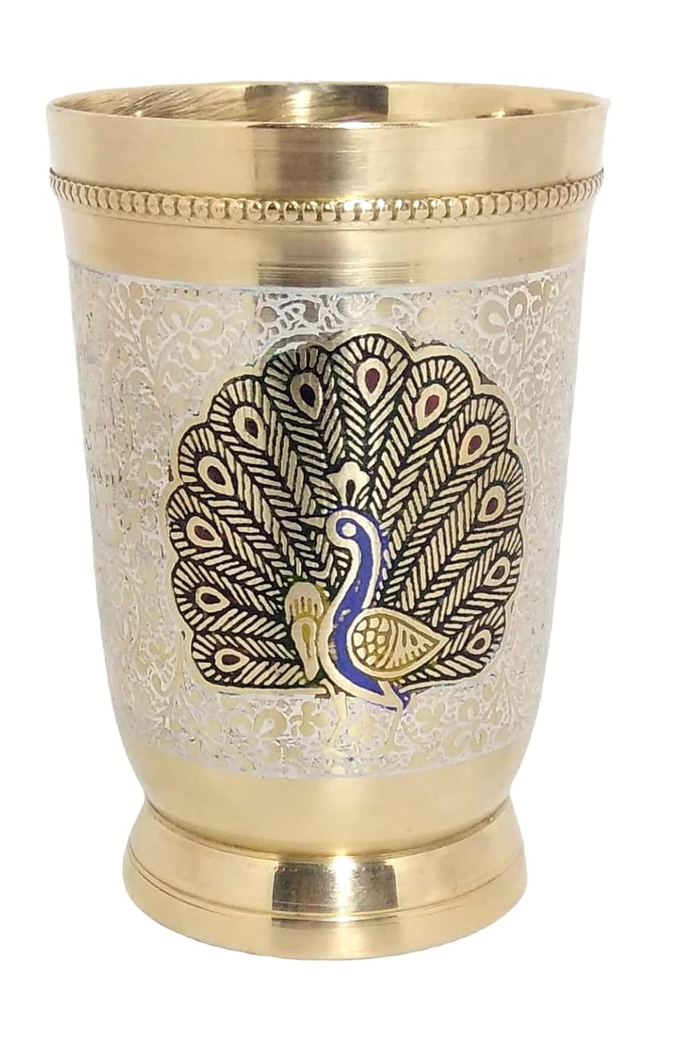 Pure Brass Water Glass Set with Peacock Moor Engraved Design – Handcrafted Traditional Lassi Decorative Drinkware – Ayurvedic Metal Tumbler for Daily Use – Gold Finish, 250 ML