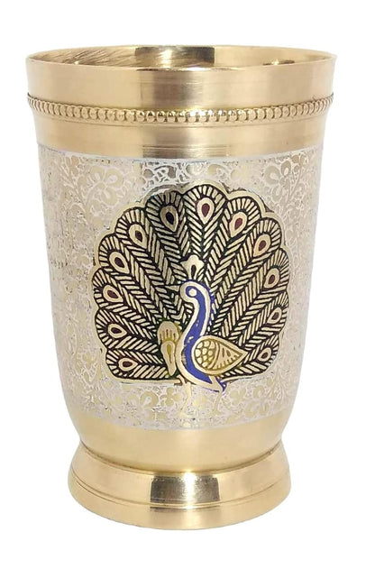 Pure Brass Water Glass Set with Peacock Moor Engraved Design – Handcrafted Traditional Lassi Decorative Drinkware – Ayurvedic Metal Tumbler for Daily Use – Gold Finish, 250 ML