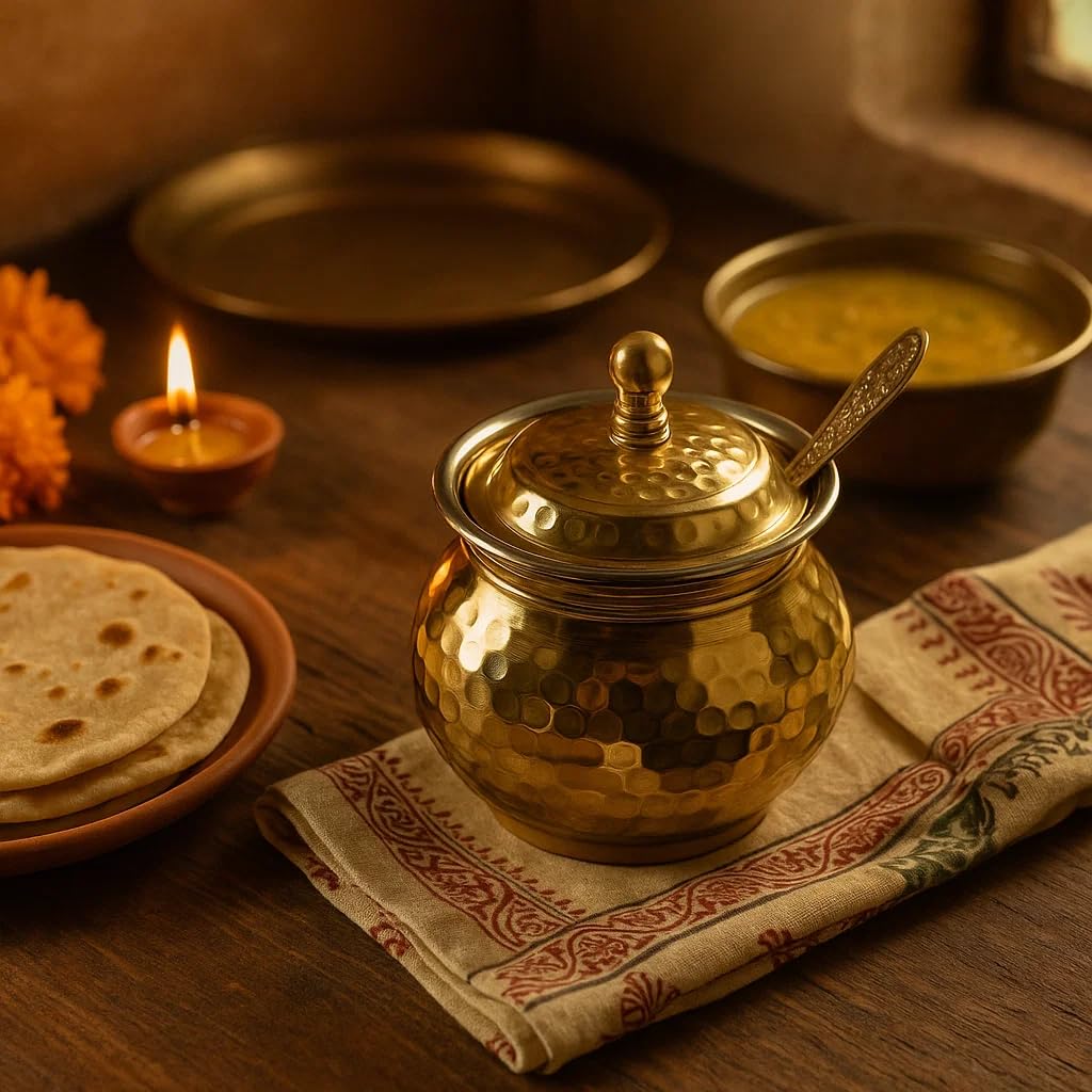 Brass Ghee Pot with Spoon, 250 ml Storage Jar with Perforated Lid, Hammered Design