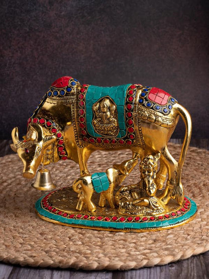 Kamdhenu Cow and Calf Statue, 8 x 6 Inch, Gold & Turquoise Beaded Decor Idol, Divine Kamdhenu MATA Murti for Home Temple, Puja, Gifting & Traditional Hindu Decoration