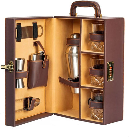 Premium Travel Portable Bar set Brown Leather- 3 glass