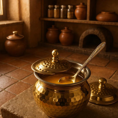 Brass Ghee Pot with Spoon, 250 ml Storage Jar with Perforated Lid, Hammered Design