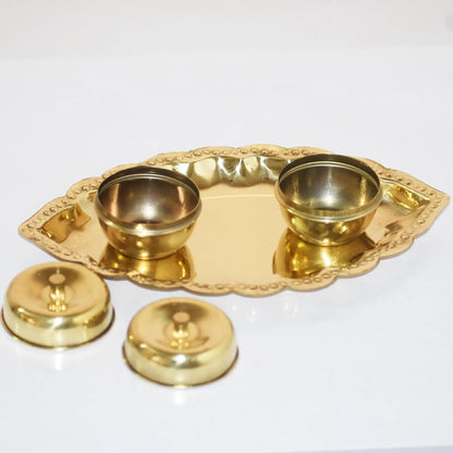 Brass Kumkum Sindoor Plate | Leaf Design with 2 Bowls and Lids | Pooja Thali Storage Set | Decorative Metal Plate for Home Use | Gold Finish...
