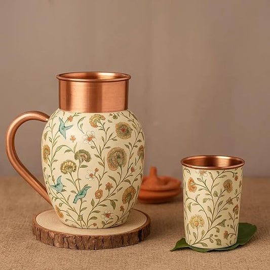 JAIN ART VILLA Pure Copper Water Jug with 2 Glasses Set, Traditional Ayurvedic Drinkware, Handcrafted Apple Pot for Home, Kitchen 03