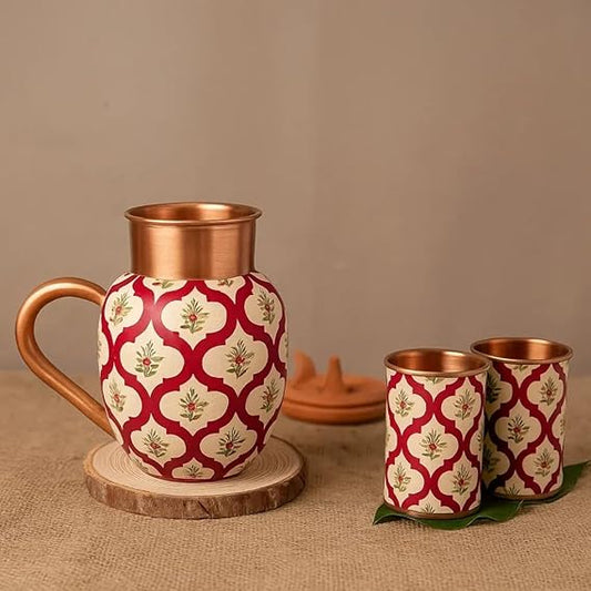JAIN ART VILLA Pure Copper Water Jug with 2 Glasses Set, Traditional Ayurvedic Drinkware, Handcrafted Apple Pot for Home, Kitchen (