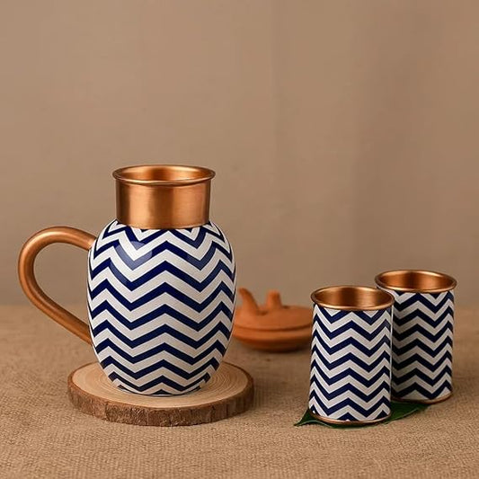JAIN ART VILLA Pure Copper Water Jug with 2 Glasses Set, Traditional Ayurvedic Drinkware, Handcrafted Apple Pot for Home, Kitchen 04