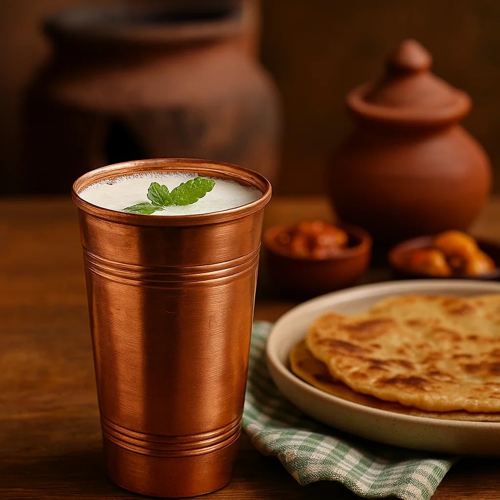 Copper-Finish Brass Lassi Glass, 350ml, Traditional Embossed Design, Drinkware for Beverages