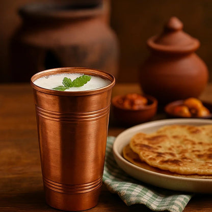 Copper-Finish Brass Lassi Glass, 350ml, Traditional Embossed Design, Drinkware for Beverages