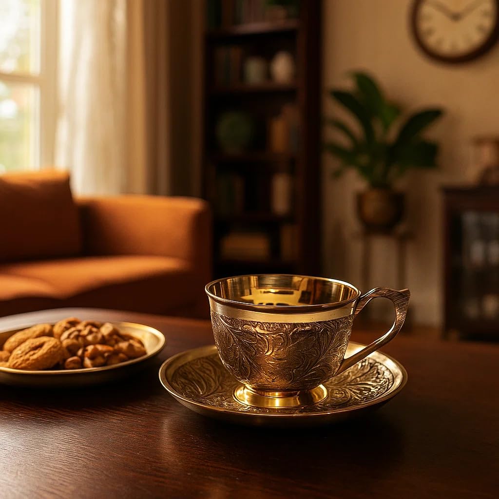 JAIN ART VILLA Brass Tea Cup and Saucer Set, Embossed Floral Design, 150 ML, Gold PaCK OF01