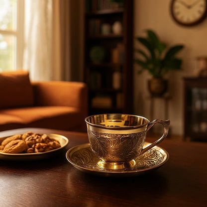 JAIN ART VILLA Brass Tea Cup and Saucer Set, Embossed Floral Design, 150 ML, Gold PaCK OF01