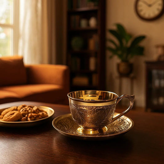 JAIN ART VILLA Brass Tea Cup and Saucer Set, Embossed Floral Design, 150 ML, pACK OF 4 - JAIN ART VILLA