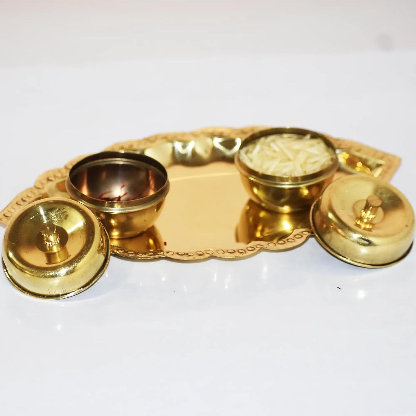 Brass Kumkum Sindoor Plate | Leaf Design with 2 Bowls and Lids | Pooja Thali Storage Set | Decorative Metal Plate for Home Use | Gold Finish...