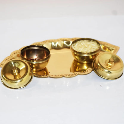 Brass Kumkum Sindoor Plate | Leaf Design with 2 Bowls and Lids | Pooja Thali Storage Set | Decorative Metal Plate for Home Use | Gold Finish...