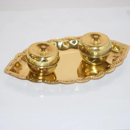 Brass Kumkum Sindoor Plate | Leaf Design with 2 Bowls and Lids | Pooja Thali Storage Set | Decorative Metal Plate for Home Use | Gold Finish...