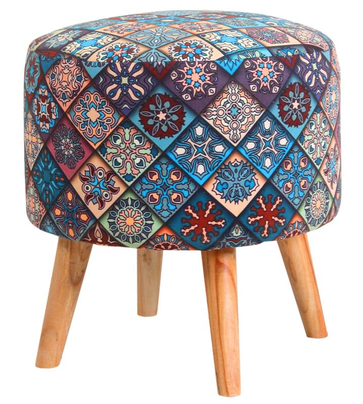 Printed Pouffe Sitting Stool for Living Room & Office | Puffy Foam Footrest Pouf – 16×16×17 Inches, Blue, single