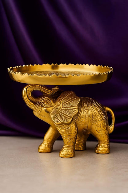 Decorative Gold Elephant Centerpiece, Metal Table Decor with Ornate Design, Traditional Indian Style Serving Platter - JAIN ART VILLA