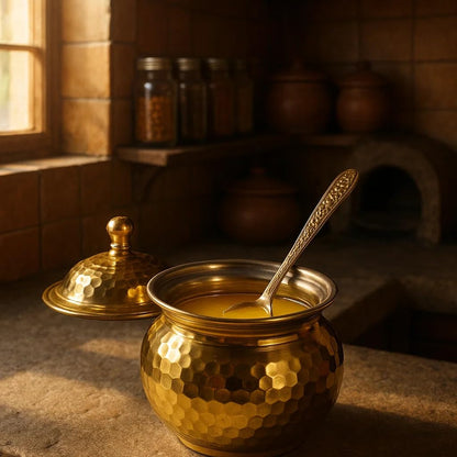 Brass Ghee Pot with Spoon, 250 ml Storage Jar with Perforated Lid, Hammered Design