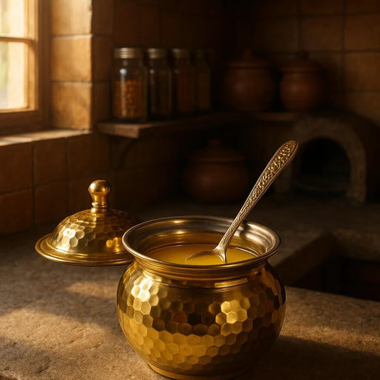Brass Ghee Pot with Spoon, 250 ml Storage Jar with Perforated Lid, Hammered Design