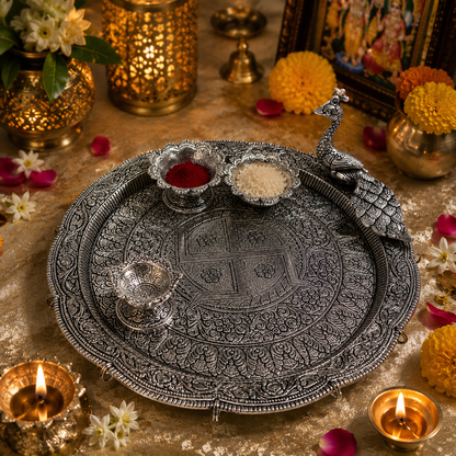 German Silver Peacock Pooja Thali Set | Traditional Designer Puja Thali for Diwali, Festive Worship & Gifting