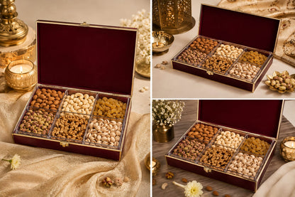 Premium German Silver 6 Partition Dry Fruit Box with Hinged Lid | Decorative Serving Box for Dry Fruits & Nuts
