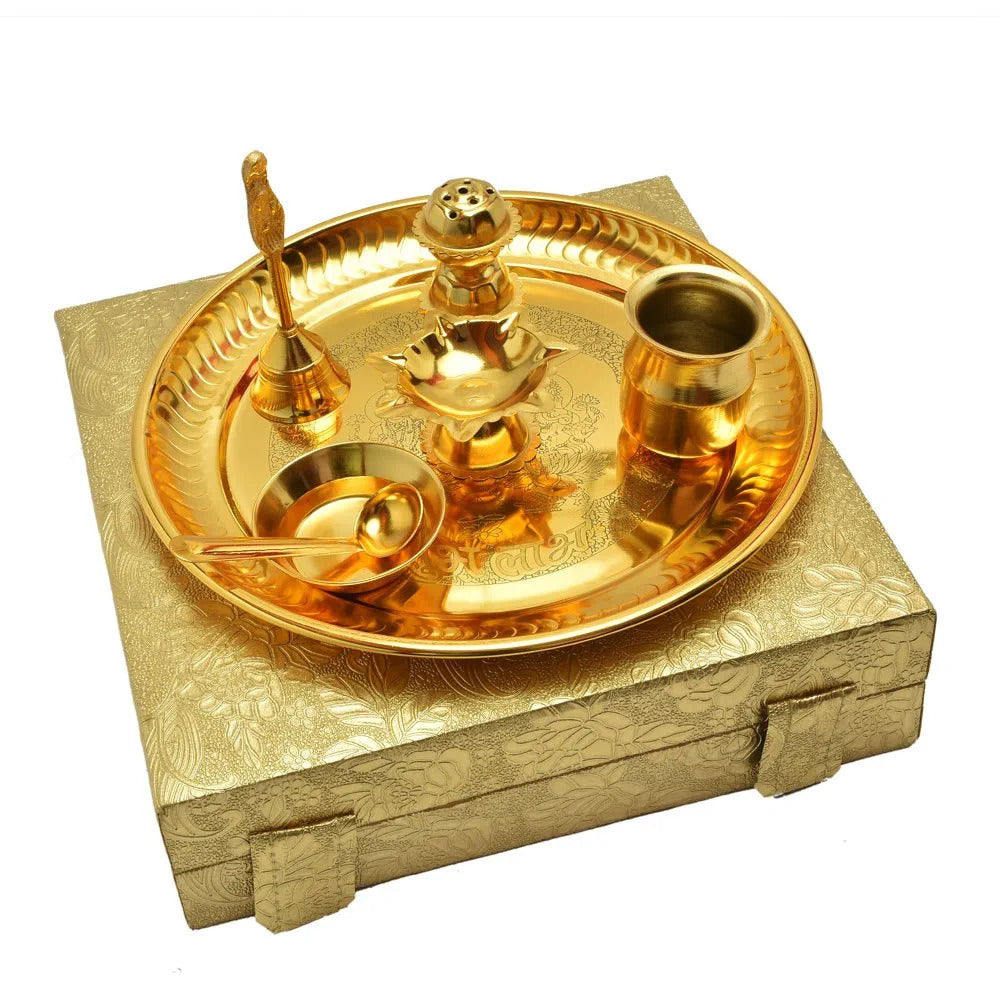 Golden Brass Pooja Thali Set with Gift Box