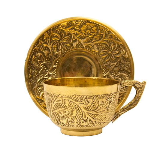 JAIN ART VILLA Brass Tea Cup and Saucer Set, Embossed Floral Design, 150 ML, Gold PaCK OF01