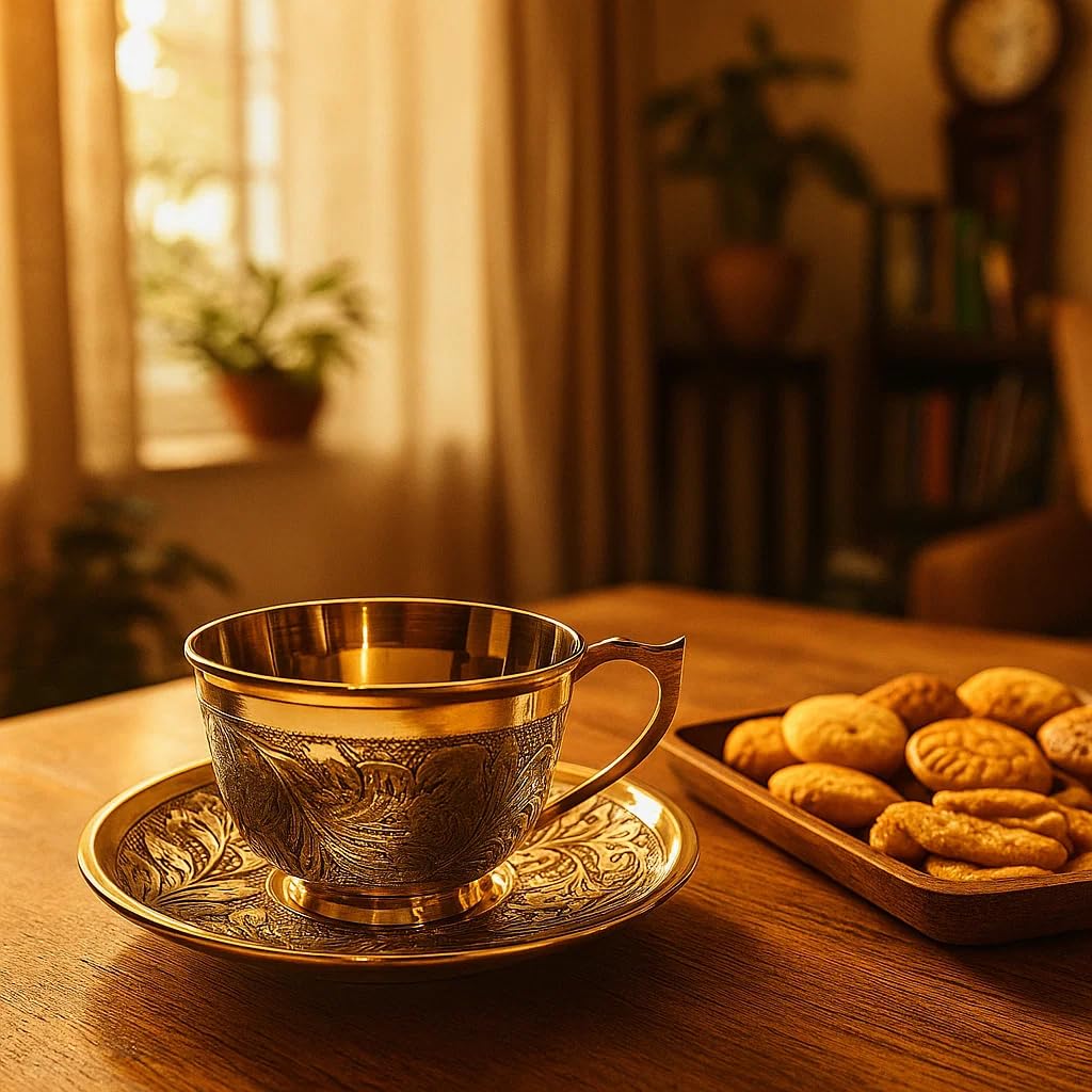 JAIN ART VILLA Brass Tea Cup and Saucer Set, Embossed Floral Design, 150 ML, Gold PaCK OF01