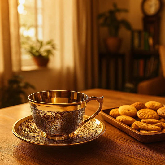 JAIN ART VILLA Brass Tea Cup and Saucer Set, Embossed Floral Design, 150 ML, pACK OF 4 - JAIN ART VILLA
