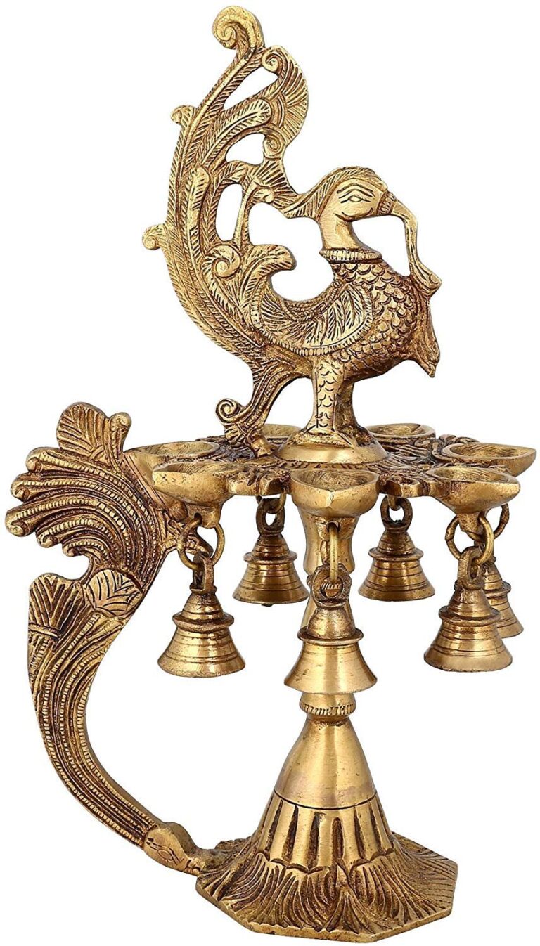 Brass Arti Diya with Handle/Brass Peacock Oil Lamp with Handle and Bells