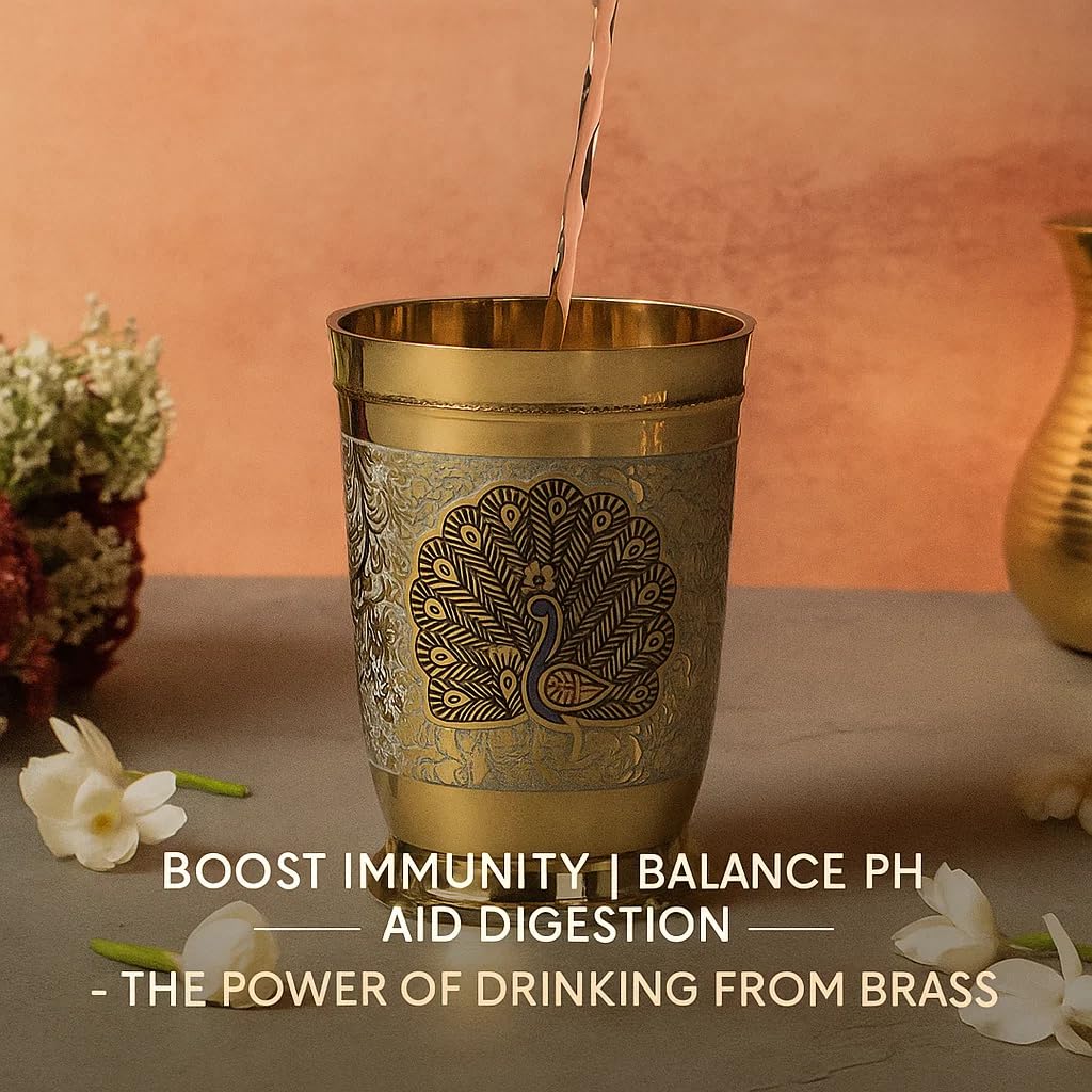 Pure Brass Water Glass Set with Peacock Moor Engraved Design – Handcrafted Traditional Lassi Decorative Drinkware – Ayurvedic Metal Tumbler for Daily Use – Gold Finish, 250 ML