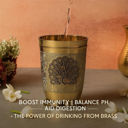 Pure Brass Water Glass Set with Peacock Moor Engraved Design – Handcrafted Traditional Lassi Decorative Drinkware – Ayurvedic Metal Tumbler for Daily Use – Gold Finish, 250 ML