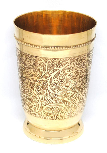 Brass Drinking Glass 250 ml | Floral Engraved Traditional Serving Tumbler for Home, Kitchen & Gifting