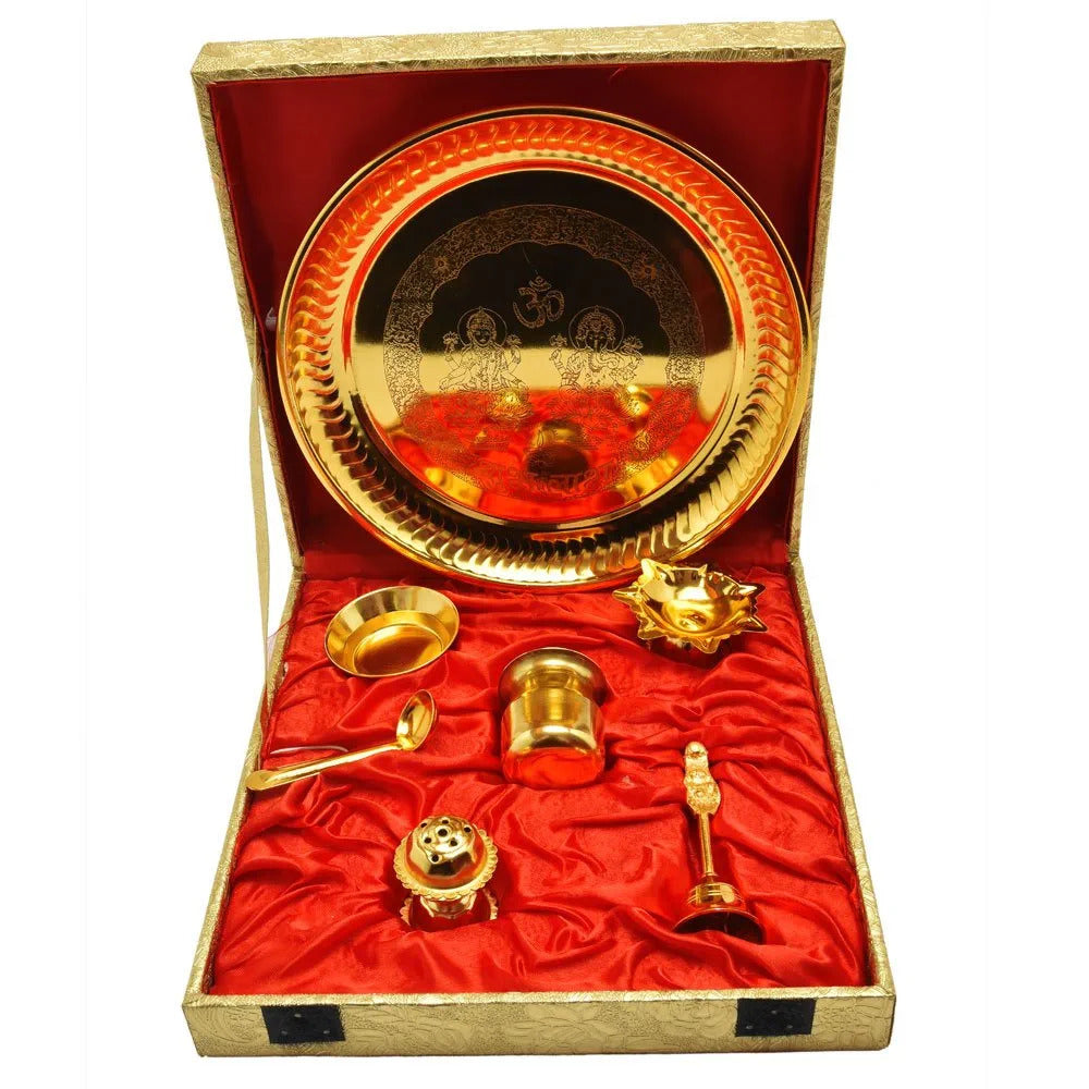 Golden Brass Pooja Thali Set with Gift Box