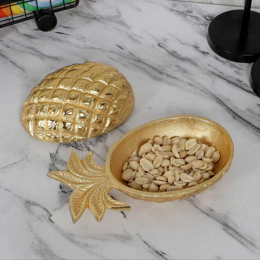JAIN ART VILLA Pineapple-Shaped Dry Fruit Bowl, Gold Finish Brass Serving Platter, Decorative Snack Tray