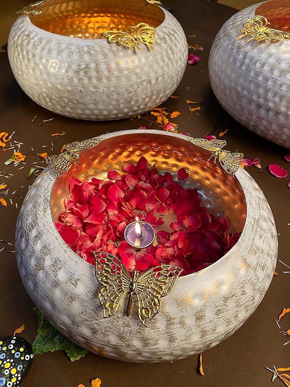 Handmade Decorative Urli Bowl Set with Butterfly Design, Traditional Indian Wedding Decor, Diwali Diya Bowl