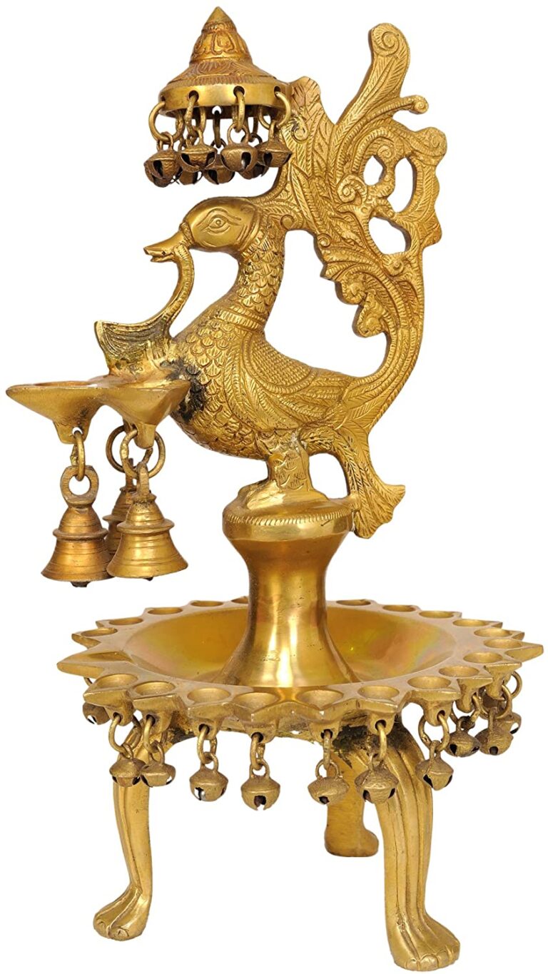 Brass Peacock Mayura Design Oil lamp with Base and Bells