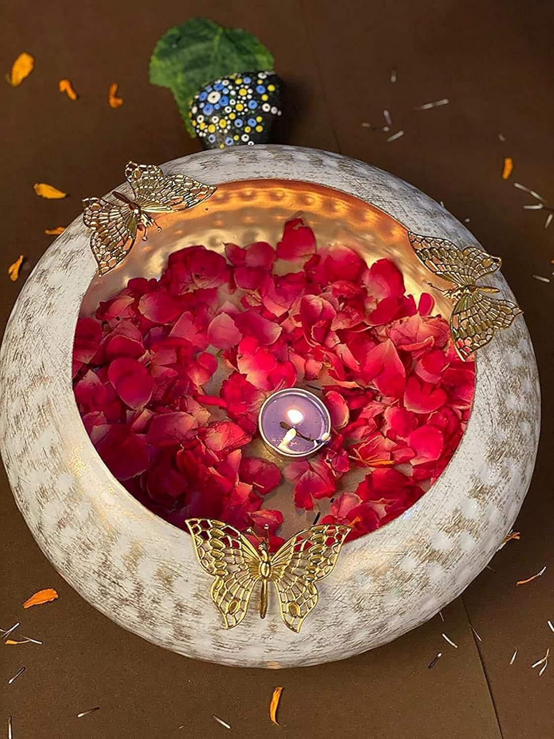 Handmade Decorative Urli Bowl Set with Butterfly Design, Traditional Indian Wedding Decor, Diwali Diya Bowl
