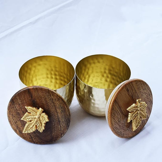 Golden Brass Jar Set With Wooden Lid