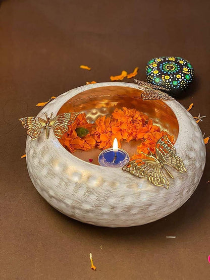 Handmade Decorative Urli Bowl Set with Butterfly Design, Traditional Indian Wedding Decor, Diwali Diya Bowl