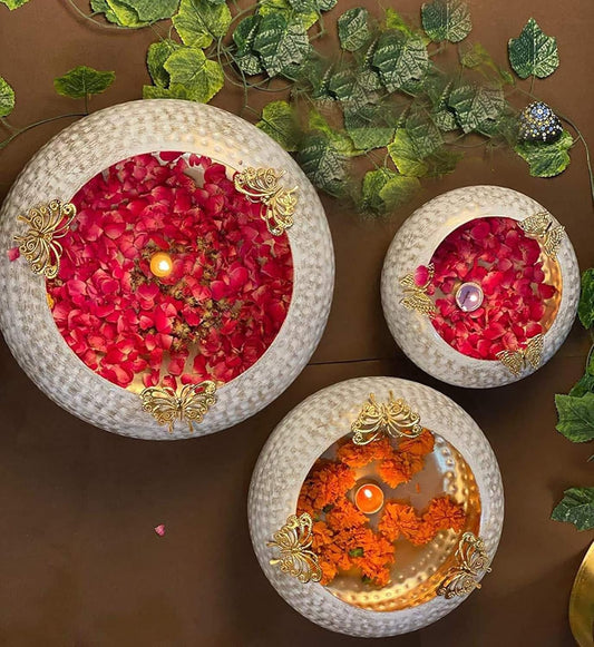 Handmade Decorative Urli Bowl Set with Butterfly Design, Traditional Indian Wedding Decor, Diwali Diya Bowl