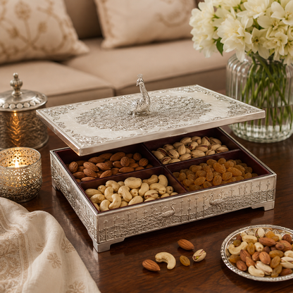 German Silver 4 Partition Dry Fruit Serving Box with Hinged Lid | Premium Dry Fruit Storage Box