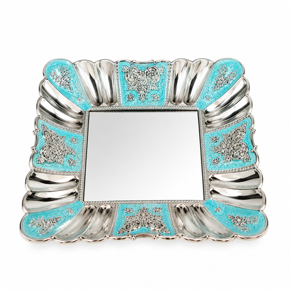 Premium German Silver Blue Meenakari Decorative Tray – Square Serving Tray for Dry Fruits, Pooja & Festive Gifting