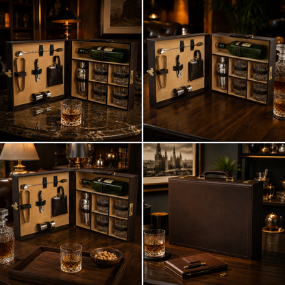 Portable Bar Tools Set - Brown Leatherette - 10 Piece Set with Bottle Storage