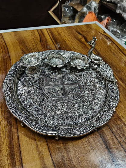 German Silver Peacock Pooja Thali Set | Traditional Designer Puja Thali for Diwali, Festive Worship & Gifting
