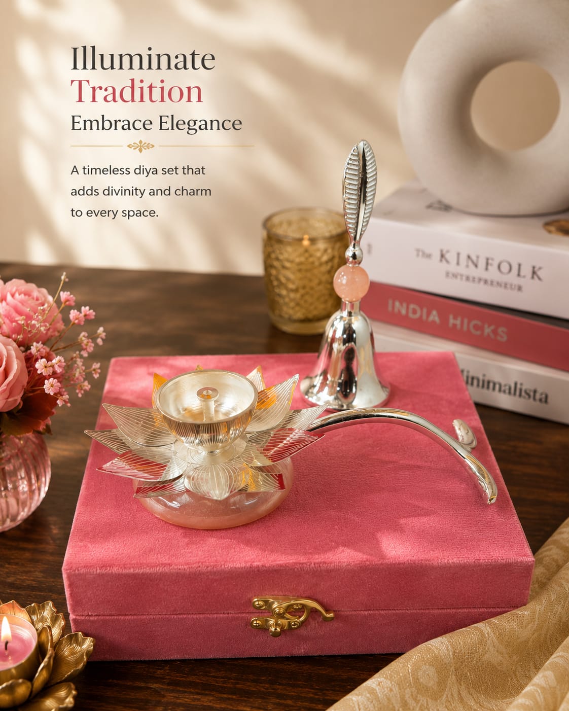 Decorative Lotus Diya and Bell Combo for Home Temple gifting