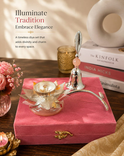 Decorative Lotus Diya and Bell Combo for Home Temple gifting